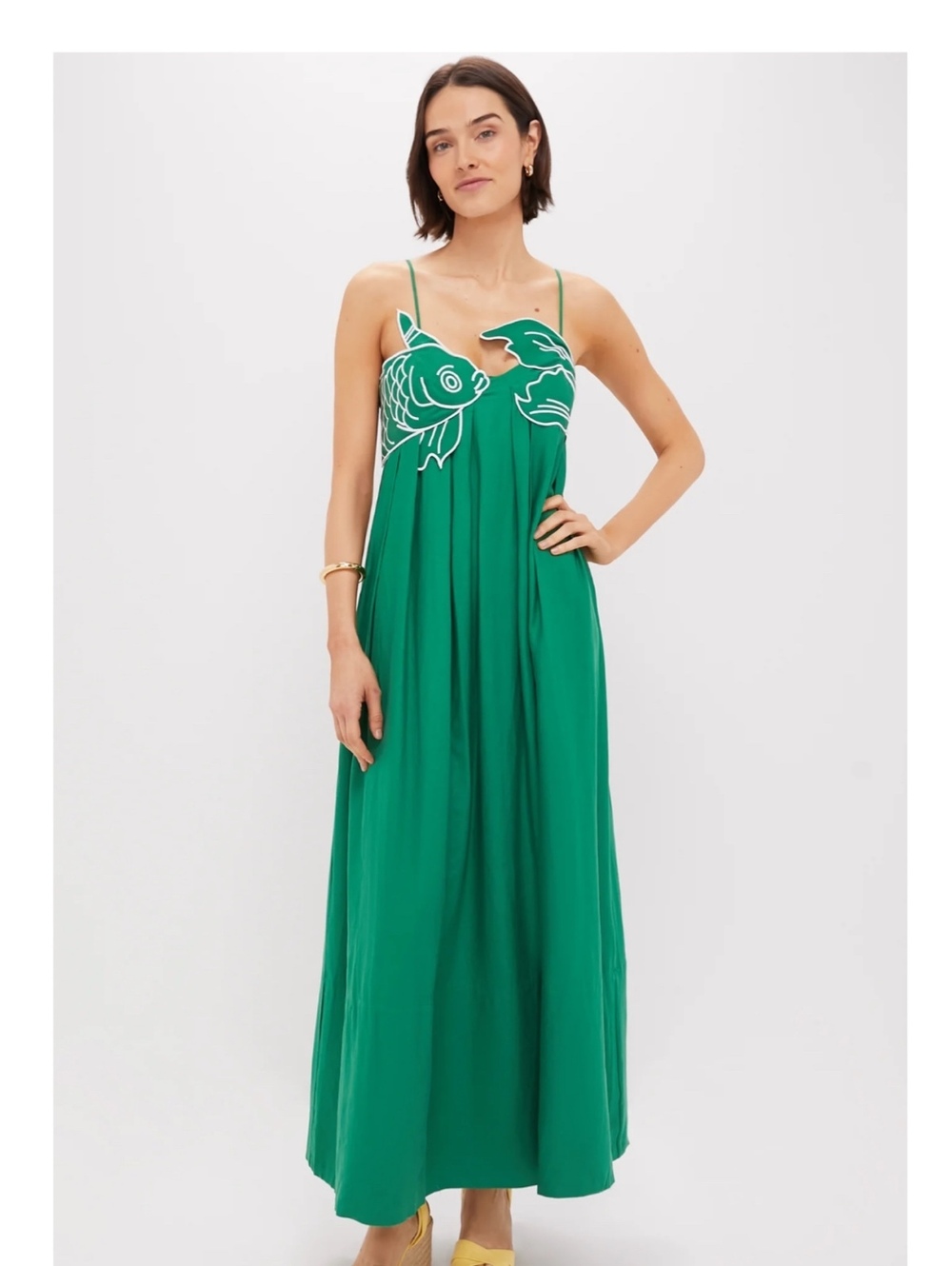 FARM RIO Iconic Linen Blend Green Embroidered Koi Fish Maxi Dress Large